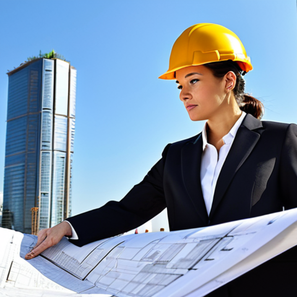 최적 성과를 위한 자원 관리 기법 - **Subject:** A professional female architect, fully clothed in a modest business suit, reviewing blu...
