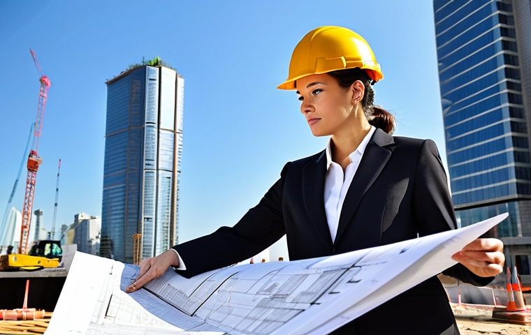 최적 성과를 위한 자원 관리 기법 - **Subject:** A professional female architect, fully clothed in a modest business suit, reviewing blu...