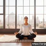 Home 17 심리적 저항 극복하기 성과 향상의 열쇠 - A serene Middle Eastern woman practicing deep breathing and meditation in a minimalistic, sunlit roo...