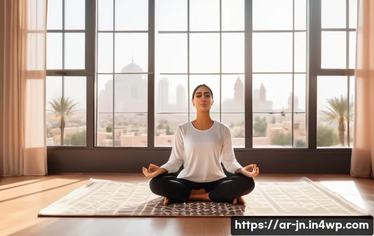 심리적 저항 극복하기 성과 향상의 열쇠 - A serene Middle Eastern woman practicing deep breathing and meditation in a minimalistic, sunlit roo...