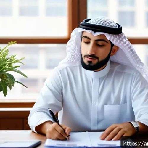 Home 28 최적 성과를 위한 인내심 기르기 - A serene Middle Eastern office scene showing a professional Arab man in modest business attire pract...