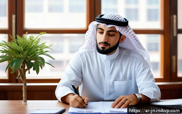 최적 성과를 위한 인내심 기르기 - A serene Middle Eastern office scene showing a professional Arab man in modest business attire pract...