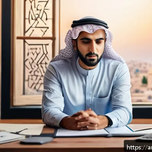Home 15 성과 심리학의 기초 개념 정리 - A serene Middle Eastern office scene showing a professional Arab man in smart casual attire practici...